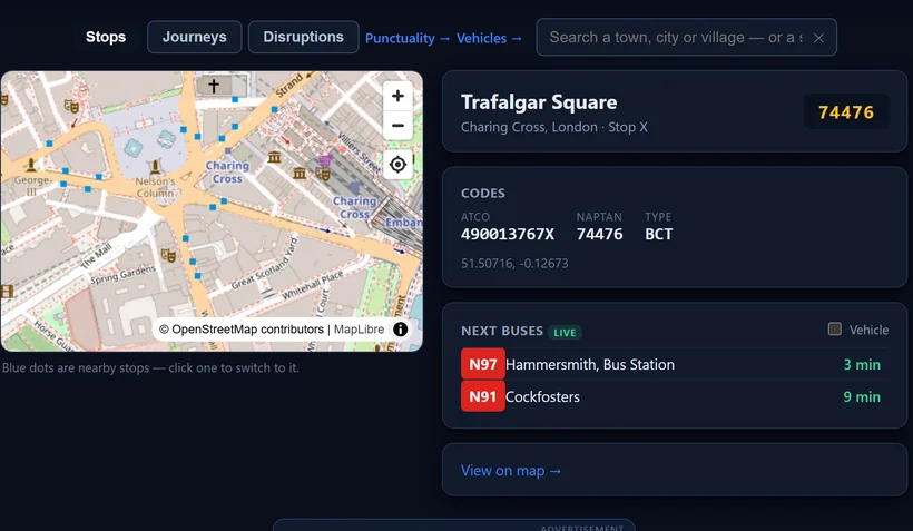 A bus stop page for Trafalgar Square, Stop X in Charing Cross, showing a map of nearby stops and the next buses: the N97 to Hammersmith in 3 minutes and the N91 to Cockfosters in 9.