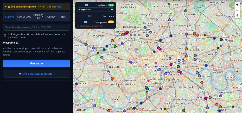 The TransitRadar route map showing 105 live trains across London as coloured dots on the rail network, with a routing sidebar and disruption markers.